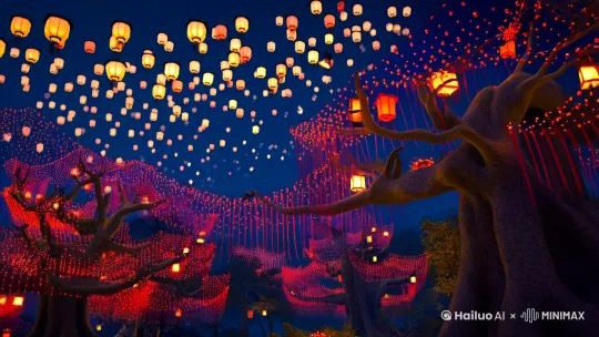 超现实主义，真实自然的生活场景，有质感的电影级真实画面。中国唐朝古代的元宵节灯会上，天上明亮的孔明灯，古老的大树的枝干上系满了红色的细绳。真实的场景。 by Hailuo AI Video Generator