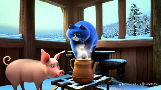 一只胖蓝猫人和一只猪在雪天的屋子里面煮水喝。 by Hailuo AI Video Generator