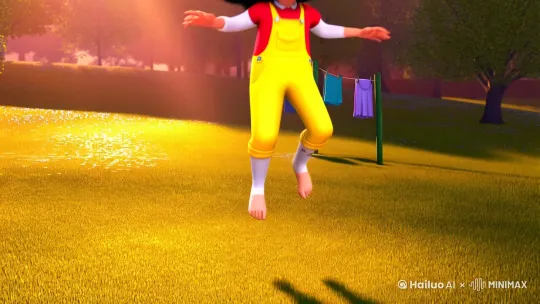 以下是为您构思的视频分镜描述，您可以基于此进行动画或影视创作：

⏰ 时长：1分30秒

🎬 分镜设计：
00:00-00:08（全景）
阳光明媚的春日草坪，绿草泛起波浪般的金色光晕。长发6岁女孩穿着明黄色背带裤+红色背心+光着脚丫，正顽皮地跳着。镜头随着每次跳跃轻微震颤。

00:09-00:17（特写切换）
第9次跳跃时，艾米白色袜沿沾着的蒲公英种子开始悬浮，红色发绳自行解开，黑色卷发在无风状态下飘动。

00:18-00:26（仰角跟拍）
第13次跳跃达到最高点时，艾米突然滞空0.5秒。她诧异地看向观众，随即发出银铃般的笑声。脚边的七星瓢虫振翅伴飞，草叶上的晨露倒映出她逐渐升空的身影。

00:27-00:41（旋转镜头）
艾米开始规律地摆动手臂，像游泳般在空中攀升。掠过晾衣绳时碰落白床单，布料展开成降落伞形态跟随。背景出现追逐的麻雀群，云层透下渐强的丁达尔光柱。

00:42-00:55（俯瞰视角）
高度突破树冠层时，艾米发现掌心能操控光粒子流。她画出彩虹轨迹，惊起鸽群形成旋涡状队形。下方草坪显现出隐藏的巨型花朵图腾，每片花瓣都是不同色度的绿。

00:56-01:18（超广角航拍）
穿越积雨云时，雨滴在艾米周围凝结成水晶球，折射出七十二道微型彩虹。她解开背带裤扣子，衣物翻飞成热气球造型。配乐在此处转为空灵八音盒变奏曲。

01:19-01:30（渐隐镜头）
夕阳将云海染成橘子果酱色，艾米变成天际的小黑点。最后画面定格在她向月亮抛出的红色雨靴，靴筒里飘出早晨采摘的野雏菊。片尾浮现手写体「重力休假中...」

📝 制作备注：
- 建议采用2.5D分层动画技术，前景花草需做流体动力学模拟
- 光影变化要体现高度攀升时的色温改变（地表5600K→平流层10000K）
- 关键帧加入彼得·潘钟摆式飞行轨迹算法
- 音效设计注意区分草地/低空/高空三层环境音场

需要调整角色设定或补充魔幻元素细节可随时告知，我可提供更多创意方案。 by Hailuo AI Video Generator