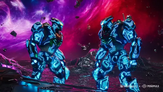 Ultimate cosmic battle between two biomechanical titans, 
hyper-detailed armor plating with glowing circuit patterns, 
colliding energy blades creating prismatic shockwaves, 
nebula backdrop in ultraviolet and crimson hues, 
floating space debris with metallic reflections, 
cinematic lighting with rim light accents, 
8k resolution, unreal engine 5 rendering, 
concept art by Beeple and Maciej Kuciara, 
trending on ArtStation, dynamic composition by Hailuo AI Video Generator