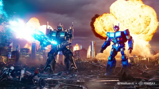 "Epic battle scene, Optimus Prime vs Megatron in ruined Cybertron city, dynamic composition with dramatic perspective, hyper-detailed mechanical textures showing scratches and dents, glowing energon weapons clashing, massive explosions with volumetric fire and smoke, debris flying in slow motion, cinematic lighting with orange and blue contrast, Michael Bay style action photography, 8k resolution, Unreal Engine 5 rendering, motion blur effects, --ar 16:9 --v 6.0"[右移,左摇,跟随] by Hailuo AI Video Generator