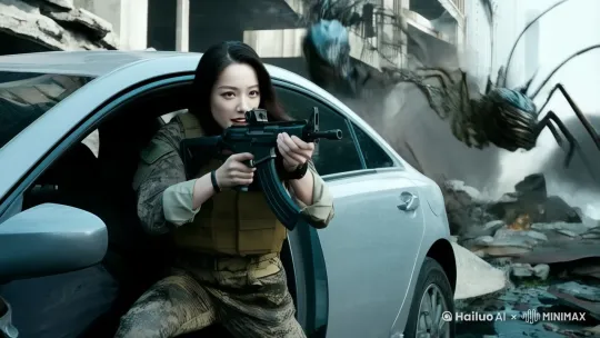 美女身穿迷彩服，手拿着AK扫射外星虫族。 by Hailuo AI Video Generator