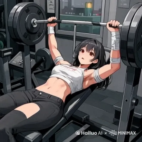 画面中的女孩不断进行卧推锻炼，杠铃不断上下推动，胸肌、腹肌随着卧推而动，肌肉线条清晰 by Hailuo AI Video Generator