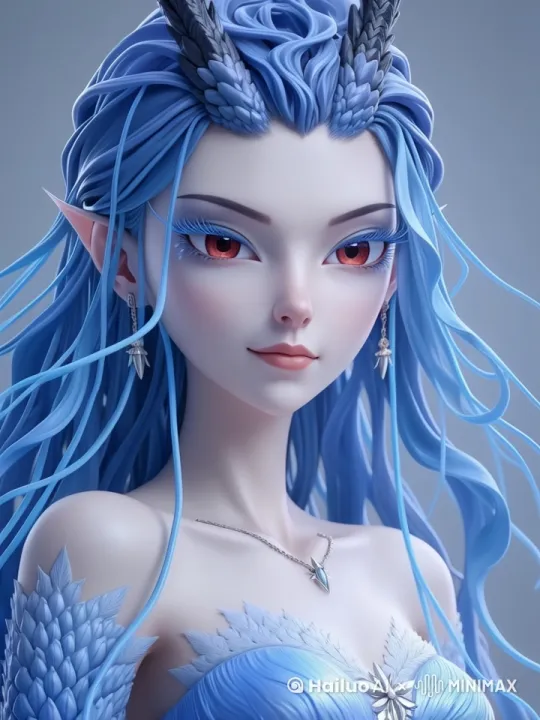 这张照片描绘了一个高度程式化的动画女性角色，具有奇幻的特征。她的特点是空灵和未来主义的美学。这种风格似乎是数字艺术品，可能使用了3D建模和渲染技术。她的设计暗示了幻想和科幻小说流派的影响。这个角色的主要元素如下：1。自然特征：该角色拥有苍白的类人皮肤和富有表现力的大眼睛，这些眼睛似乎经过了数字处理，具有发光的、几乎超现实的元素。她的嘴唇微微张开，增添了她迷人的表情。2.角：她头上长着高大优雅的灰白色角，这表明她是一个神话或魔法生物。3.头发：她的头发明显、飘逸，看起来呈蓝色，形成波浪状的图案，勾勒出她的脸。4.装饰：她穿着微妙但重要的细节来提升自己的外表，包括更长、飘逸的头发，装饰性刘海向一边摆动，优雅的耳环和项链般的吊坠。 by Hailuo AI Video Generator