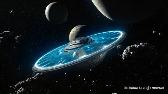 科幻电影，远景，大全景，圆形飞行器在太空中密集的陨石带中穿行，外面包裹着一层蓝光的屏障，不时有细微小石块撞击飞行器，背景有两颗较大的星球 by Hailuo AI Video Generator