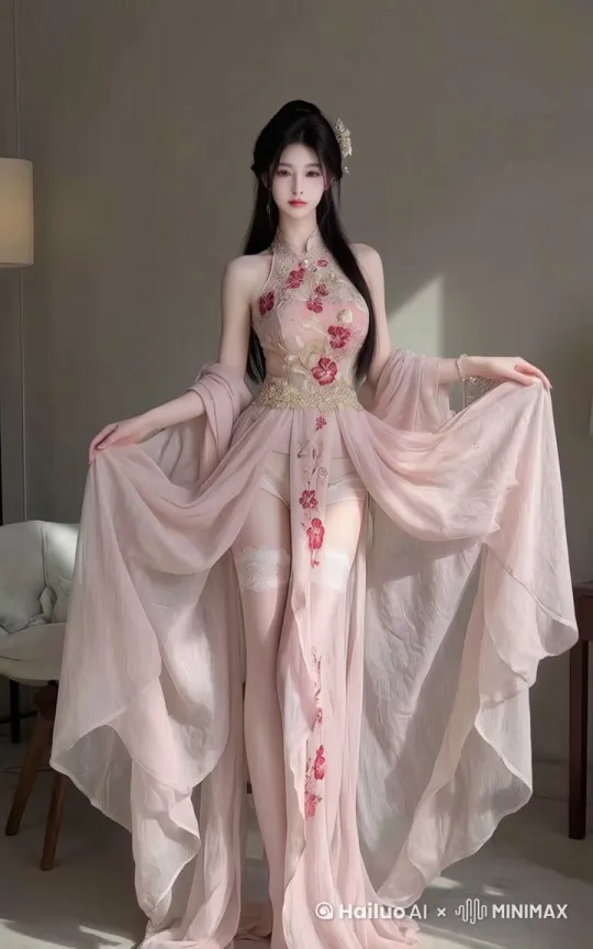 写真风格，照片中的美女手拽着裙子摆动，眼神妖娆，要求整体协调 by Hailuo AI Video Generator