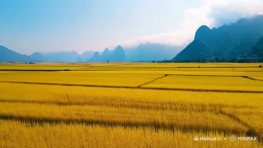 一大片金灿灿的稻田，远方是连绵的青山 by Hailuo AI Video Generator