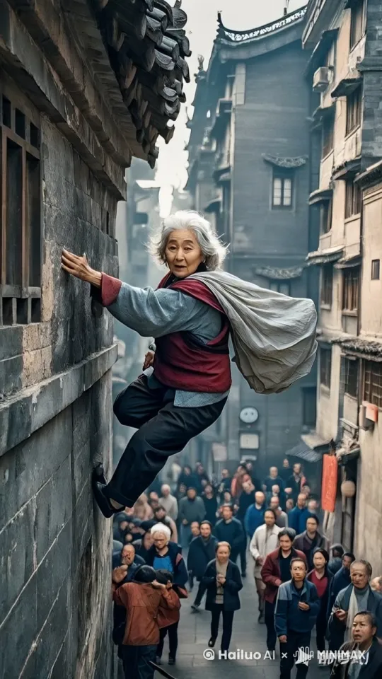 镜头移动，动态跟随，老奶奶在建筑外墙上用中国功夫快速奔跑，手脚并用，疯狂奔跑，飞檐走壁，动作迅速流畅 by Hailuo AI Video Generator