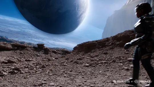 巨大摄影，低角度仰拍，科幻风格，天空中有个巨大的星球，一身科幻装备的人物从近处入画，缓慢走在荒芜的碎石地上，不远处是一个峡谷，峡谷中正有一只巨大的怪物缓缓站起，不寒而栗的压迫感！高清电影画质32K。 by Hailuo AI Video Generator