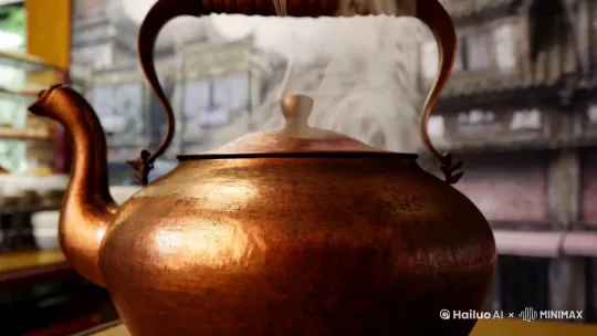 广式凉茶铺中，特写一只老式铜壶，蒸汽从壶嘴溢出，背景是西关骑楼斑驳的墙，宫崎骏画风，日式经典动漫，大师画风，高清 by Hailuo AI Video Generator