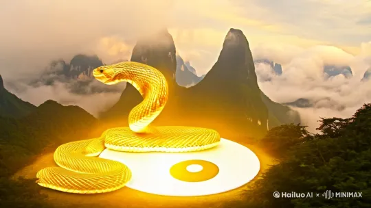 `A golden snake spirals around a glowing taichi yin-yang symbol, surrounded by misty mountains of Fujian, Chinese ink painting style, 4K, cinematic lighting --ar 16:9`  [左移,上升] by Hailuo AI Video Generator