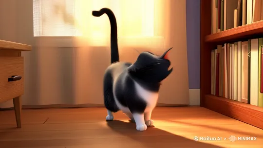房间的角落里,一只萌态可掬的黑白花猫正尽情释放着它的活力。它那黑白相间的花纹就像精心绘制的水墨画,独特而迷人。长长的尾巴不时摆动着,仿佛在指挥一场属于自己的音乐会。它一会儿敏捷地爬上书架,好奇地盯着那些排列整齐的书籍,一会儿又“嗖”地一下跳下来,冲向那个被它当作宝贝的玩具老鼠,嘴里还发出欢快的“喵喵”声 by Hailuo AI Video Generator