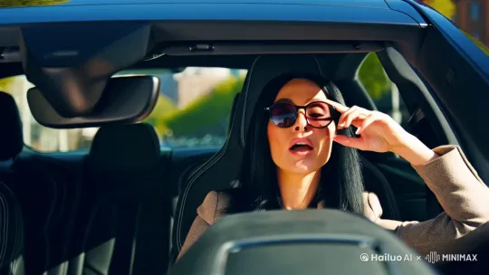 A black-haired Caucasian woman in her 30s is seated in the driver's seat of a sleek, modern car. She wears a casual yet chic outfit, with a pair of sunglasses resting lightly on the bridge of her nose. Her expression captures a moment of mild surprise—her eyes widen slightly, and her lips part just enough to convey a subtle gasp. With her right hand, she reaches up to adjust her sunglasses, which have slipped down slightly, her fingers brushing the frames delicately. The camera is positioned directly in front of her, offering a close-up view of her face and the subtle movement of her hand. Natural light filters through the slightly lowered car window, casting soft highlights on her features. Outside, the blurred backdrop of trees and buildings suggests a quiet urban or suburban setting, adding depth to the scene without distracting from her expression. by Hailuo AI Video Generator