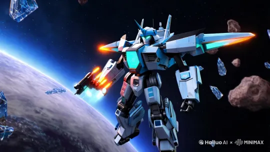 "A cinematic 3D render of a futuristic mecha robot floating in deep space, hybrid design blending the industrial realism of 'Patlabor' (Mobile Police) with the sleek angular armor of 'Gundam'. Dominant color scheme: Cobalt blue and pearl white with metallic accents. Key features: Massive rocket thrusters glowing with orange plasma flames on back/shoulders, reinforced hydraulic joints, dual-barrel beam rifle mounted on the waist, hexagonal visor emitting cyan light. Surrounded by swirling nebula clouds, glittering stars, and crystalline asteroid fragments. Dynamic perspective with dramatic volumetric lighting, ultra-detailed mechanical textures, sci-fi holographic HUD overlay. Mood: Lonely yet heroic, drifting through cosmic void with trails of stardust. Art style: Hyper-realistic CG, trending on ArtStation, 8K resolution, Unreal Engine 5 rendering." by Hailuo AI Video Generator