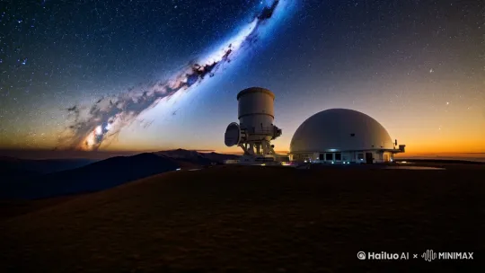 Create a realistic and futuristic video of an astronomer in an observatory. The observatory is located on a high-altitude plateau, with a clear night sky full of stars and the Milky Way visible. The observatory has a modern dome structure with a large rotating telescope. Inside, the environment is spacious with advanced equipment. The astronomer, a professional in a lab coat, is operating the control panel, adjusting the telescope's angle and focus. The control panel has touchscreens and physical buttons, with multiple large screens displaying real-time astronomical images and data. The atmosphere is serene with soft lighting, the sound of mechanical operations, and faint background noises of wind and distant animals. The telescope's mirror reflects the starlight, and the control panel's lights illuminate the room. The video should have a high level of detail and dynamic effects, with smooth movements and realistic lighting and shadows, to convey a sense of realism and technological advancement. by Hailuo AI Video Generator