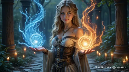 a magician girl playing water elements and fire elements in the hands, naughty and grin, with one eye blinks by Hailuo AI Video Generator