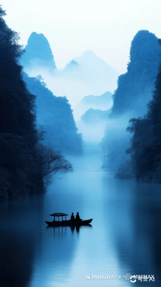 图片中的雾轻轻动起来，水慢慢的流，小船慢慢的移动 by Hailuo AI Video Generator