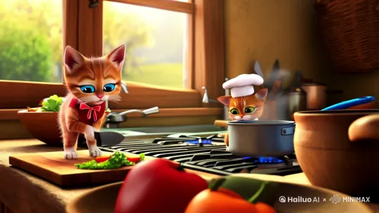 两只小猫在厨房做饭，一个切菜一个煮菜，吃完困了开始睡觉 by Hailuo AI Video Generator