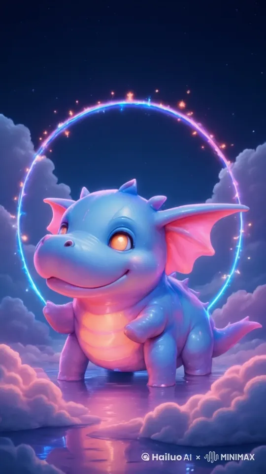 little hippo dancing happily, clouds flying passing by, ear twilred in cute way, blinking eyes, ring in background glowing in radient color by Hailuo AI Video Generator