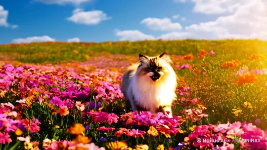一只山猫纹的布偶猫在花丛中追扑蝴蝶，阳光很明媚，布偶的毛很蓬松，神情很快乐，蓝天白云，鲜花盛开，整体氛围温馨明媚 by Hailuo AI Video Generator