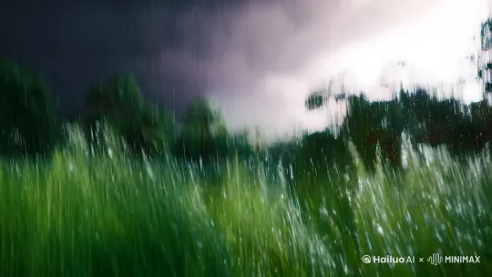 [晃动][推进,上升]4K，一片茂密的森林，天空乌云变化莫测，忽隐忽现，电闪交错不断，茂密的树林和杂草，在狂风中摇曳不停，雨水落下，打落在树叶和杂草上，视频宽高9：16的比例 by Hailuo AI Video Generator