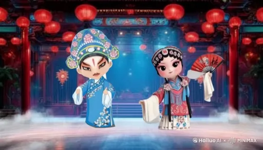 戏曲风格，京剧的腔调，扮演剧中人物，两个人对唱，一人一句。水袖抛起，挥泪告别。悲惨的人生。 by Hailuo AI Video Generator