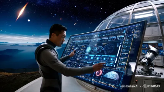 Create a highly detailed and visually stunning video of a 25-year-old Asian male astronomer in a futuristic observatory. The observatory is located on a high-altitude plateau with a breathtaking view of the Earth and the starry sky. The sky is incredibly vibrant, with the Milky Way stretching across the horizon, stars twinkling in various colors, and occasional shooting stars streaking by.
The astronomer, dressed in a sleek, minimalist, and futuristic outfit made of high-tech nano-materials, operates a massive, curved data processing screen that dominates one wall of the observatory. The screen displays real-time astronomical data and analysis, with dynamic charts and images that update continuously. The astronomer interacts with the screen using gestures and voice commands, adjusting the display and analyzing the data with precision.
The observatory's dome is made of high-strength transparent material, providing an unobstructed view of the starry sky. The dome's exterior has a metallic sheen, reflecting the starlight. Inside, the observatory is equipped with advanced technology, including a large telescope and multiple control panels.
As the astronomer works, a highly realistic and technologically advanced spacecraft passes overhead, its sleek, metallic hull reflecting the starlight. The spacecraft moves gracefully, its engines emitting a soft blue glow and trailing plasma. The presence of the spacecraft adds a touch of futuristic wonder to the scene, without distracting from the main focus on the astronomer and the data.
The video captures the awe-inspiring beauty of the starry sky, the advanced technology of the observatory, and the focused determination of the astronomer, creating a sense of wonder and anticipation for the discoveries to come. by Hailuo AI Video Generator