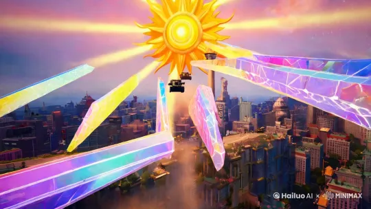 Surreal cartoon-style illustration, a giant stylized sun with solid crystalline light beams radiating outward, some beams hardening into translucent prismatic columns piercing skyscrapers and city streets. Tiny cars, tanks, and people walking upwards along the glowing light paths towards the solar core, vibrant neon color palette with soft gradients, dramatic perspective showing both cityscape and cosmic elements, dreamlike atmosphere with floating dust particles, Miyazaki-inspired whimsical machinery, glowing edges on geometric light structures, 8k detailed rendering with painterly textures. by Hailuo AI Video Generator