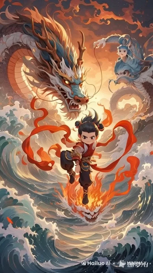 波涛汹涌的东海上，哪吒脚踏风火轮，手持乾坤圈，双目怒睁，英气逼人。他那火红的混天绫在狂风中肆意飞舞，宛如一条燃烧的烈焰巨龙。龙王三太子敖丙从海中腾跃而出，龙鳞闪耀着冷冽的光芒，狰狞的龙爪向着哪吒猛扑过去。哪吒毫不畏惧，大喝一声，迎向敖丙。他身姿矫健，动作迅猛如电，乾坤圈在手中挥舞得呼呼作响，每一击都带着千钧之力。海浪被他们激烈的战斗搅得冲天而起，化作无数晶莹的水花。整个画面惊心动魄，逼真得让人仿佛能感受到那汹涌澎湃的力量和紧张激烈的气氛。 by Hailuo AI Video Generator