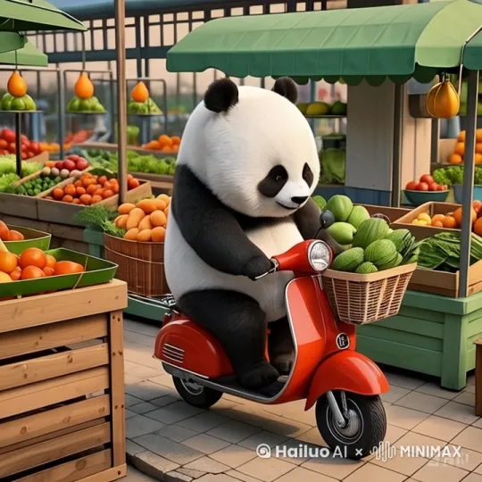 一只3D熊猫骑着小电驴在菜市场买菜 by Hailuo AI Video Generator