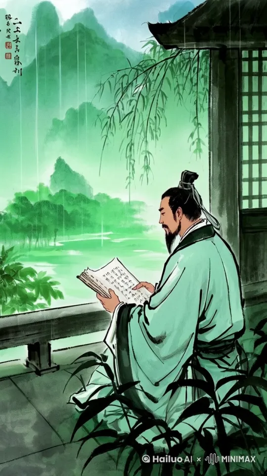 诸葛亮在隆中的草庐中，手持书卷，窗外是青山绿水。 by Hailuo AI Video Generator