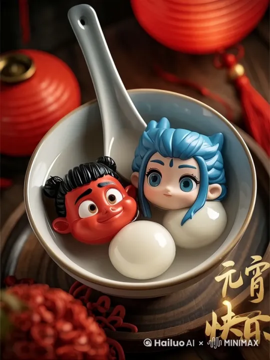蓝汤圆和红汤圆相互对视，两个汤圆一起对着镜头说“元宵节快乐”，表情搞笑。 by Hailuo AI Video Generator
