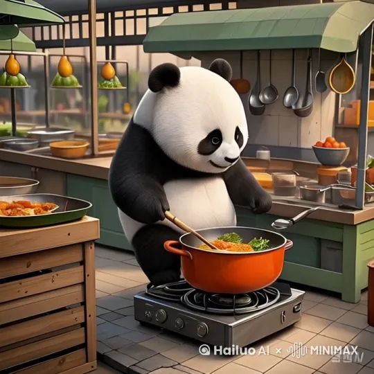 一只3D熊猫生火炒菜 by Hailuo AI Video Generator