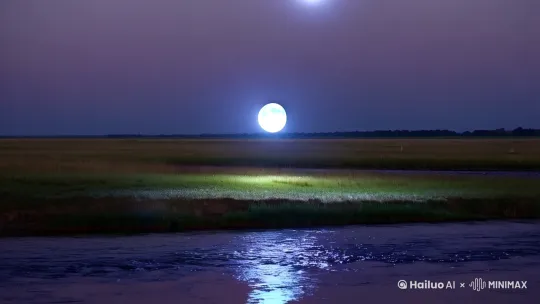 在田间地头，月亮变成了一个发亮的小球，在旁边的小河与地面间翻滚跳跃 by Hailuo AI Video Generator