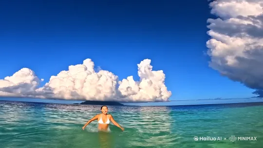 场景：湛蓝蓝天，与大块棉花状的云彩与海相连，形成鲜明对比，在灿烂的阳光下，一位皮肤白皙，身材傲人，身穿白色比基尼的中国女人欢乐在海滩玩水，身后的大海呈蓝绿宝石色，清澈见底，远端海岛的棕榈树随海风轻微摆动，整体画面呈现温暖、明亮、活力的特点 by Hailuo AI Video Generator