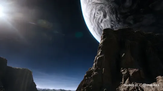 巨大摄影，低角度仰拍，科幻风格，天空中有个巨大的星球，一身科幻装备的人物从近处入画，缓慢走在荒芜的碎石地上，不远处是一个峡谷，峡谷中正有一只巨大的怪物缓缓站起，不寒而栗的压迫感！高清电影画质32K。 by Hailuo AI Video Generator