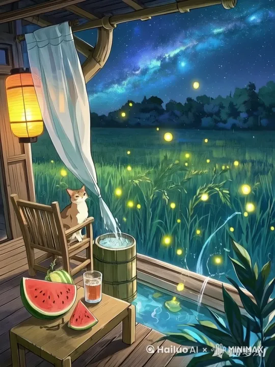 星空下的木质露台，晃动的纸灯笼，竹筒流水装置，冰镇西瓜与麦茶，老猫蜷缩在藤椅旁，萤火虫光点轨迹，薄纱窗帘随风飘动，远处稻田蛙鸣，银河渐显，柔焦效果，怀旧夏日记忆 by Hailuo AI Video Generator