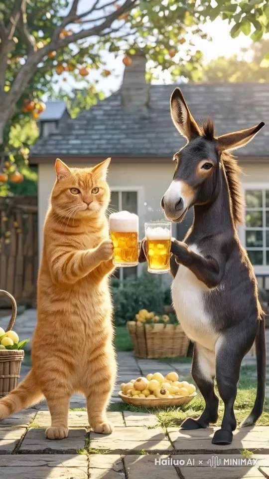 大橘猫和小黑毛驴碰了一下杯，接着同时仰头开始喝啤酒，刚喝到一半，大橘猫突然身体摇晃跌倒在地，小毛驴看到后，脸上露出窃喜的表情，还偷偷看了看周围。镜头跟随，高清摄影，真实动作，画面主体动态呈现，动作自然流畅，环境光，符合逻辑，极致细节，超真实动态捕捉，动脸部不变形，清晰自然，不模糊，高质量，没有瑕疵。 by Hailuo AI Video Generator