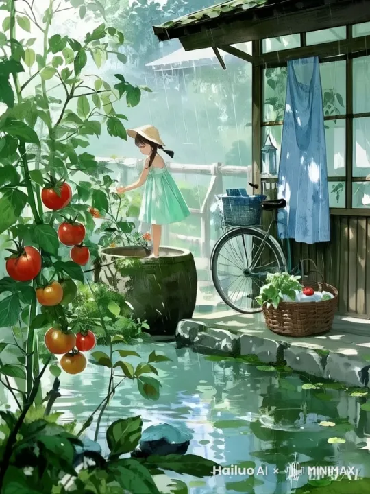 爬满牵牛花的木篱笆，青石板蓄水缸，竹帘摇曳的茶室，晨雾中的菜畦，戴草帽的少女摘西红柿，飞舞的菜粉蝶，老旧脚踏车上的藤编篮，晾晒的蓝染布，露珠反光，薄荷绿主色调，奇幻光影，治愈系氛围 by Hailuo AI Video Generator