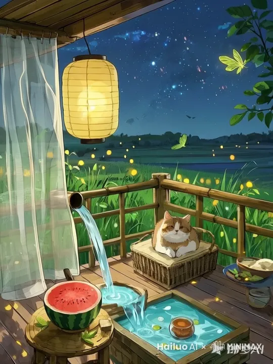 吉卜力动画风格，星空下的木质露台，晃动的纸灯笼，竹筒流水装置，冰镇西瓜与麦茶，老猫蜷缩在藤椅旁，萤火虫光点轨迹，薄纱窗帘随风飘动，远处稻田蛙鸣，银河渐显，柔焦效果，怀旧夏日记忆 by Hailuo AI Video Generator