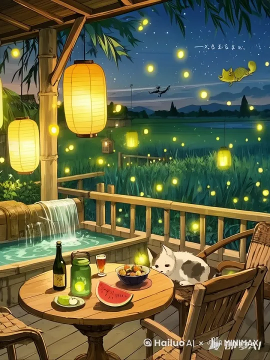 吉卜力动画风格，星空下的木质露台，晃动的纸灯笼，竹筒流水装置，冰镇西瓜与麦茶，老猫蜷缩在藤椅旁，萤火虫光点轨迹，薄纱窗帘随风飘动，远处稻田蛙鸣，银河渐显，柔焦效果，怀旧夏日记忆 by Hailuo AI Video Generator