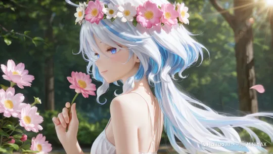 一个白发女孩在森林里的花海中，头发被风吹起，花瓣随风飘扬 by Hailuo AI Video Generator