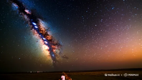 深夜璀璨的星空下，漫天繁星，犹如一个镶满宝石的大礼帽，银河像一条晶莹剔透的薄纱把星空一分为二，星空下一个孩子陪伴一只狗坐在地上仰望天空，镜头体现星空围绕中心做圆周缓慢转动，体现出宇宙的浩瀚无际 by Hailuo AI Video Generator