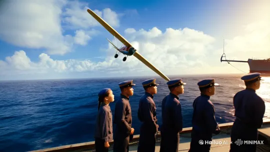 1910年，在太平洋上，清朝海軍海龍號戰艦行駛著，軍艦上分部站了20多人海軍，艦長李準和他的女兒也在其中，他們觀看何清駕駛當時的飛機，飛過船頂，船上人一片歡呼。藍天白雲，陽光進入盡頭產生光斑。 by Hailuo AI Video Generator