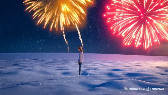 在下着雪的冬天，一个女孩分手伤心的在烟花绽放的黑夜里慢慢回忆恋爱的记忆，天亮后告别了过去，保留着这美好的纪念回忆，开始新的美好生活[左移,右摇,跟随] by Hailuo AI Video Generator