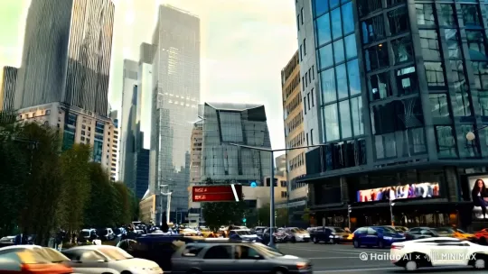 画面描述：一座现代化的城市，高楼林立，街道上车水马龙。
镜头类型：远景（Establishing Shot）
时长：5秒
背景音乐：轻快的都市音乐
音效：城市噪音（车声、人声）
字幕：在现代都市的某个角落，一场别开生面的比赛即将开始。
旁白：在现代都市的某个角落，一场别开生面的比赛即将开始。[左移,上升] by Hailuo AI Video Generator