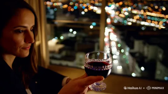 我坐在高级宾馆卧室的大落地窗前。手拿红酒。望着窗外的万家灯火。楼下车水马龙。天空点点星光。镜头由近到远，由下往上 by Hailuo AI Video Generator