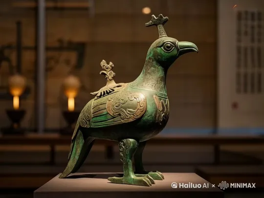 大家好，我是**晋侯鸟尊**，来自西周时期，我是一只昂首挺立的凤鸟，背部还有一只小鸟，我的尾部是大象鼻子的形状。欢迎大家来山西博物馆一睹我的风采！ by Hailuo AI Video Generator