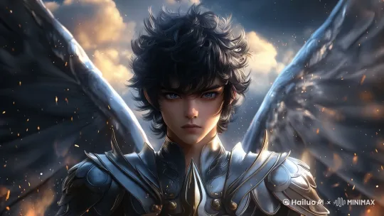 骑士扇动背后的翅膀，慢慢向上飞向天空 by Hailuo AI Video Generator