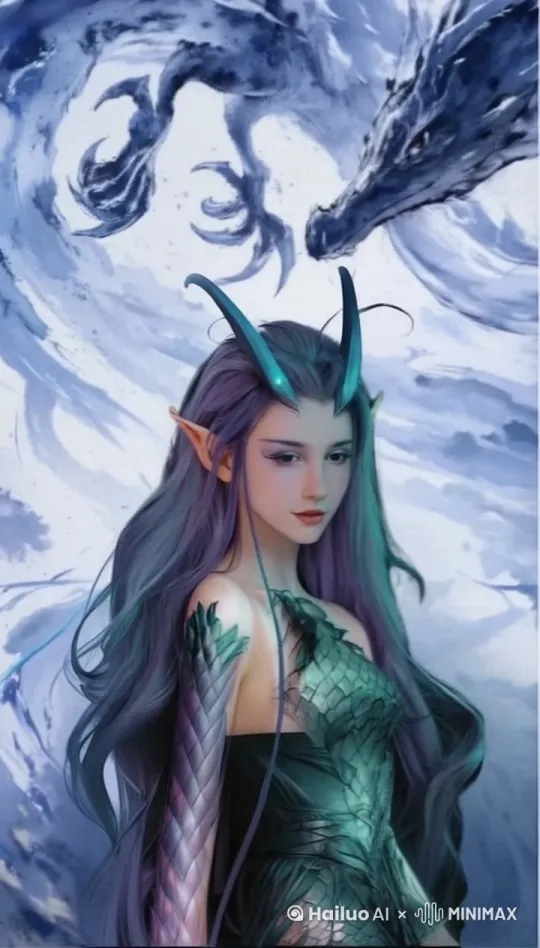 一位紫蓝色长发随风灵动飞舞且泛微光的女性,头顶蓝绿色犄角闪烁幽光,尖耳外展,眉眼细长,面容精致,身着深绿色带鳞片纹理紧身服饰,鳞片在光影下有流光效果,左臂龙鳞纹身偶现奇异光芒。身后一条巨龙于云雾和水波中翻腾,巨龙周身萦绕蓝白交织电弧状光影,云雾带金边且梦幻流动,水波闪烁粼粼白光,整体画面神秘奇幻,所有元素均有自然动态表现及光影特效。 by Hailuo AI Video Generator